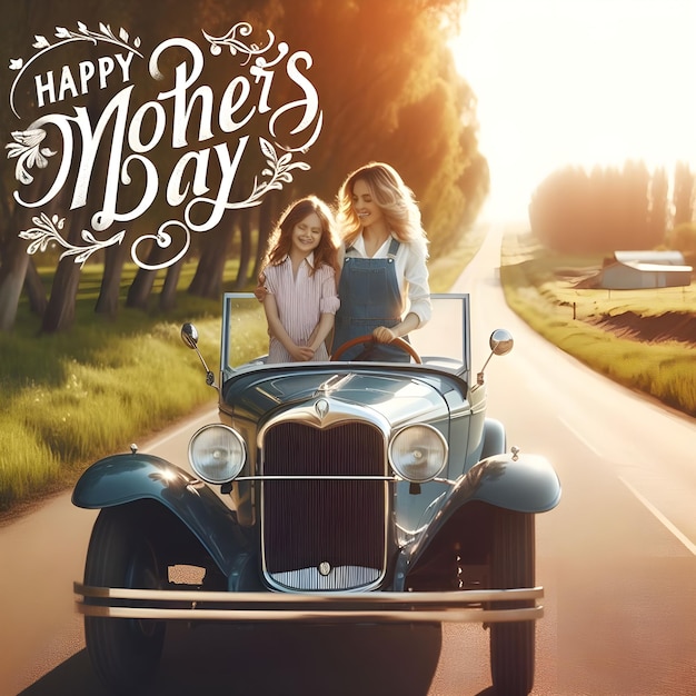 Photo a poster for a happy mother and daughter with a car with the words happy mothers day