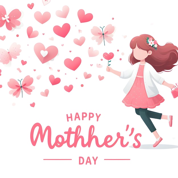 a poster for a happy mothers day with pink hearts and a girl holding a flower