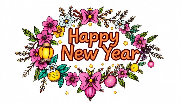 Photo a poster for happy new year with flowers and leaves