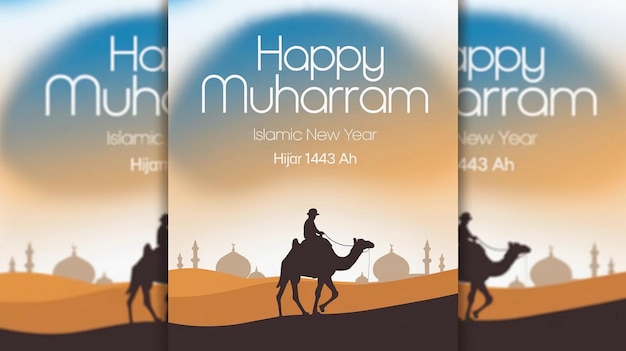 a poster for happy new year with a man riding a camel