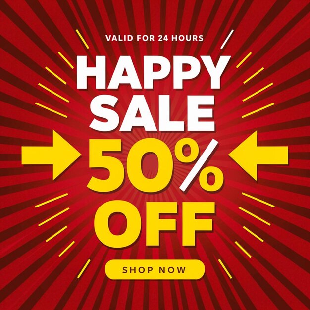 a poster for happy shop has a red background with a yellow arrow pointing to the right