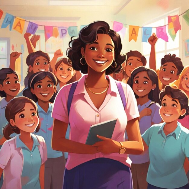 a poster of a happy teachers day banner With students