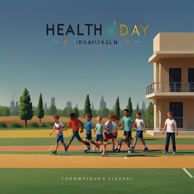 Photo a poster for health day with a group of children playing baseball