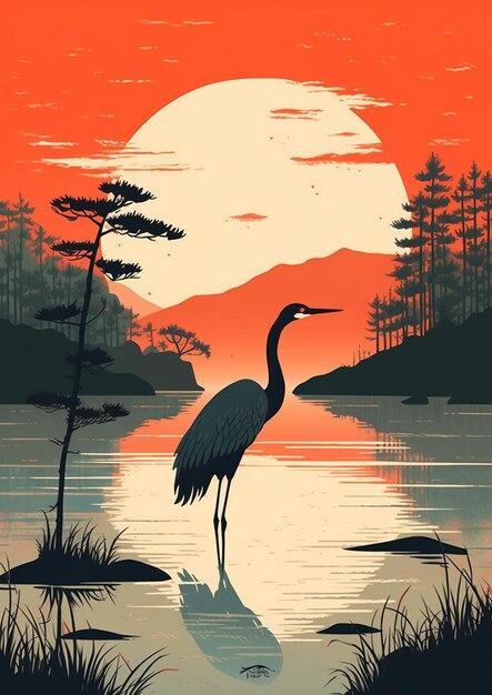 a poster for a heron with a sunset in the background.