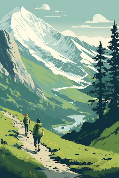 ハイカーと山を歩くカップルのポスター