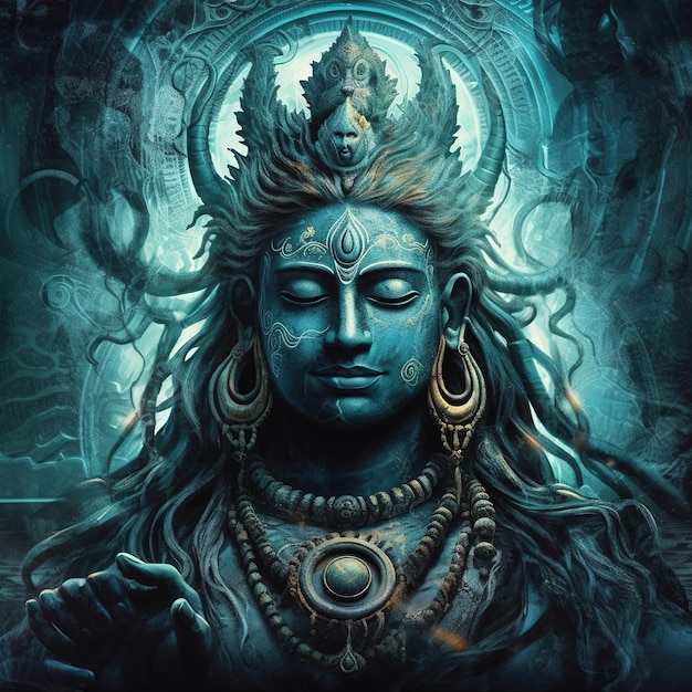 A poster of a hindu god with a blue face and a head with a crown on it.