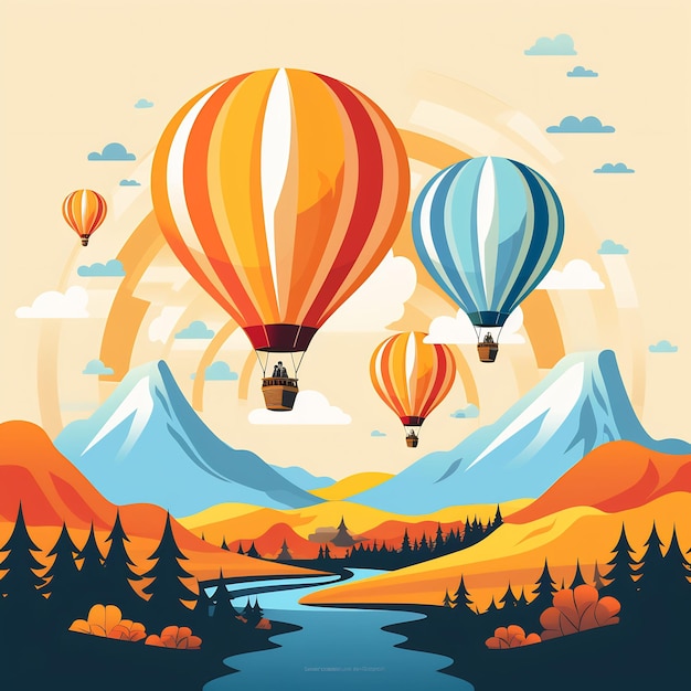 Photo a poster for a hot air balloon with a river and mountains in the background