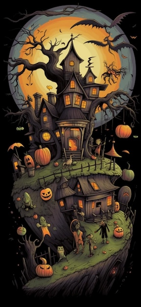 A poster of a house with pumpkins and bats on it generative ai