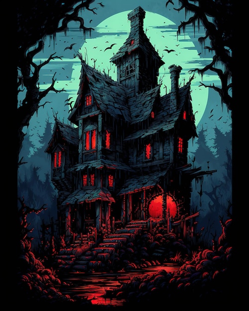 A poster of a house with red lights on the bottom