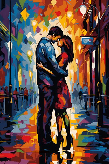 Poster of hugging in a vibrant street art scene wiposter of a colorful and gr 2d flat design art