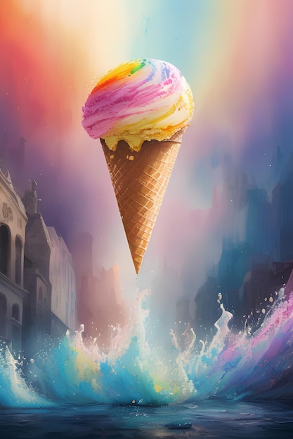 虹色のアイス クリーム コーンが上に乗ったアイス クリームのポスター。