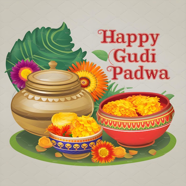 Photo a poster illustration of happy gudi padwa indian maharastrian new year festival