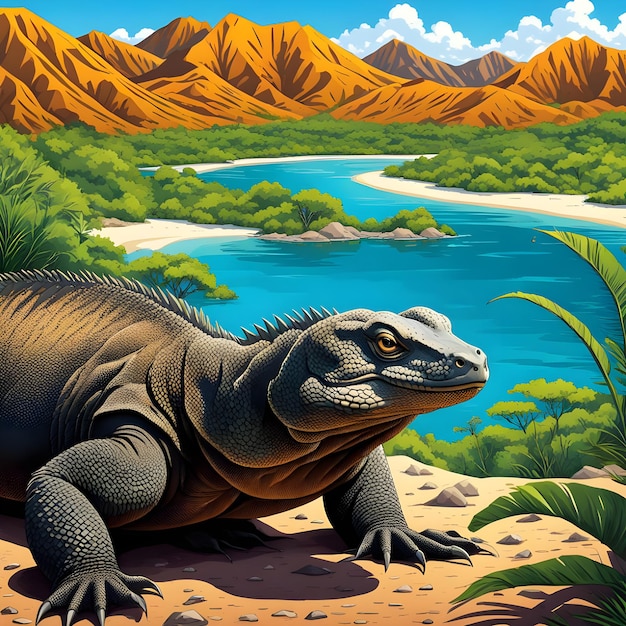 Poster illustration of komodo dragon national park