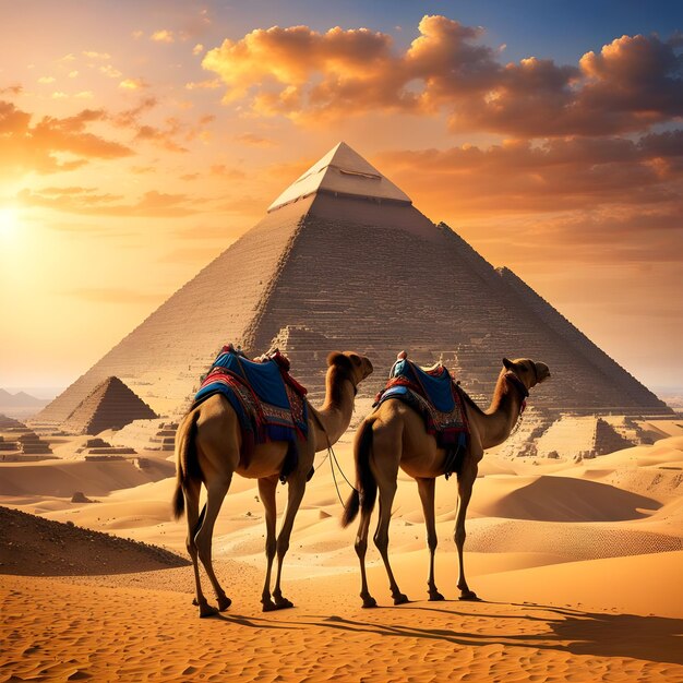 poster illustration pyramids of giza with camel