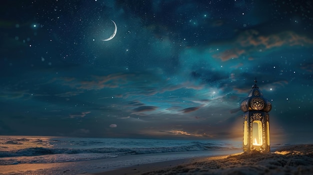밤 에 반달 이 있는 해변 에 있는 아름다운 등불 을 그린 포스터 이미지