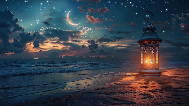 夜に半月が映っているビーチの美しいランタンランプを描いたポスター画像