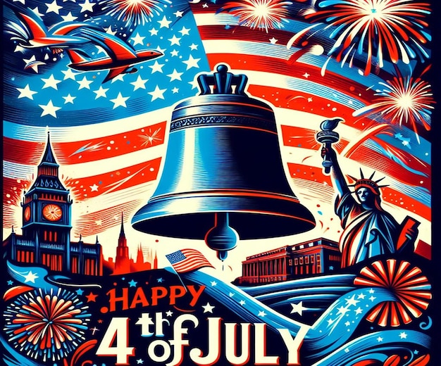 Photo a poster for independence day with a bell and fireworks