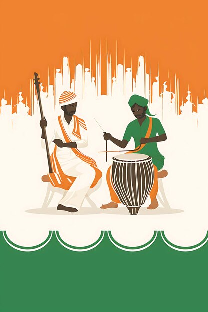 Poster of indian musicians performing traditional music with indian fl flat 2d design art creative