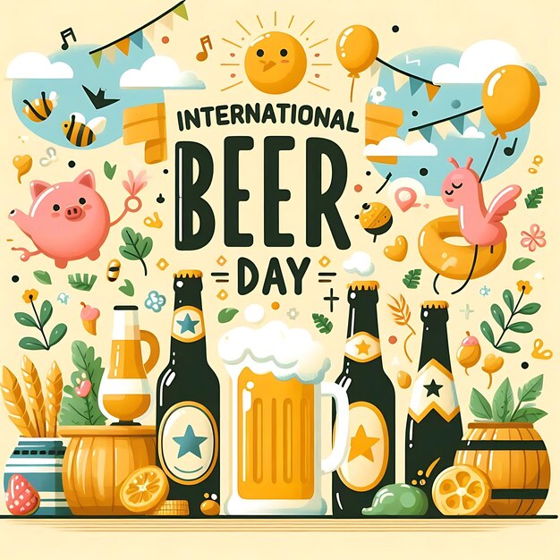 Photo a poster for international beer day with a yellow background with balloons and balloons