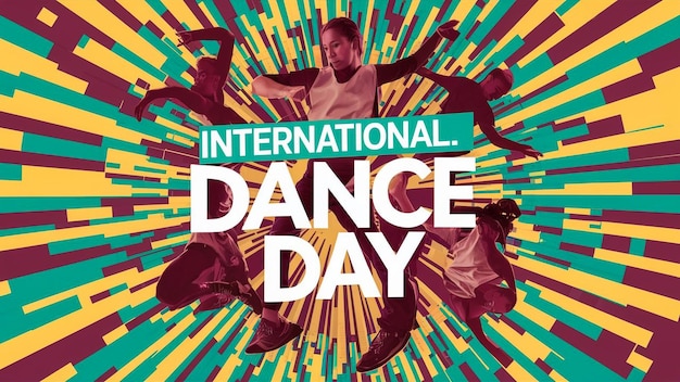 緑色の背景で男が踊っている国際ダンスデーのポスター