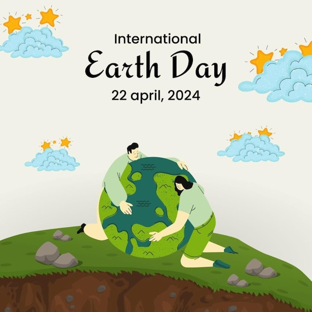 a poster for international earth day with a man and a woman sitting on a rock