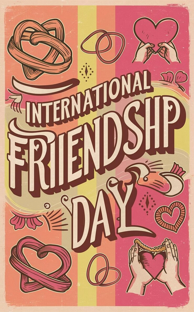Photo a poster for international friendship day with a pink background with a cartoon image of a couple fr