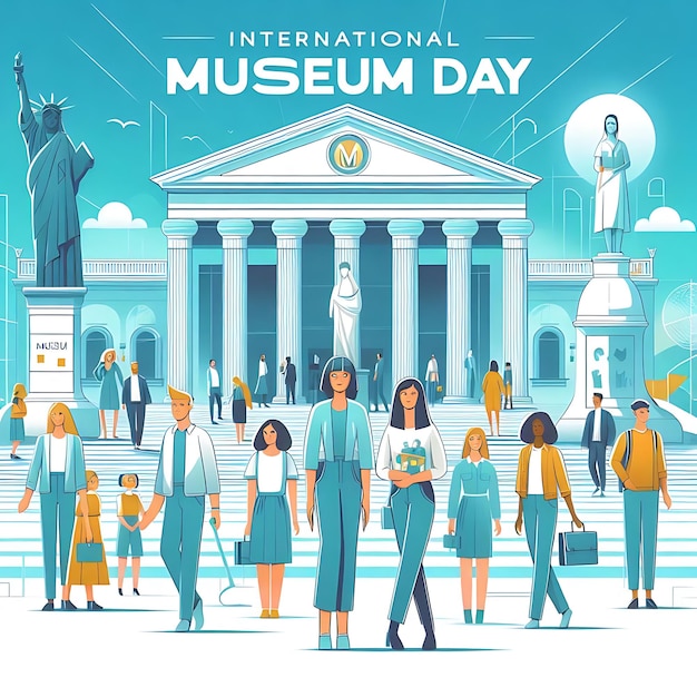 a poster for international museum with a group of people in front of a statue of liberty