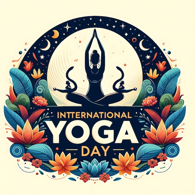 Foto un poster per la giornata internazionale dello yoga con una foto di una statua