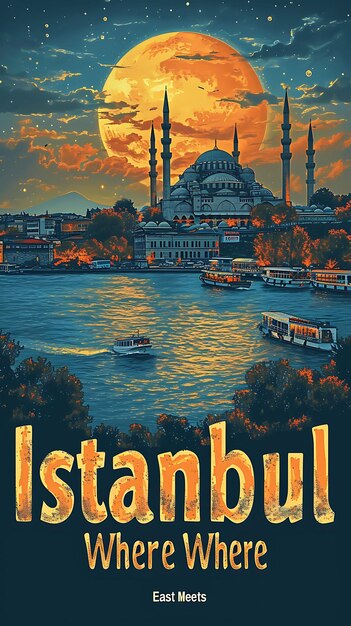 Poster of istanbul text and slogan where east meets west with a panora illustration layout design