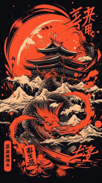 A poster for a japanese dragon with mountains in the background.