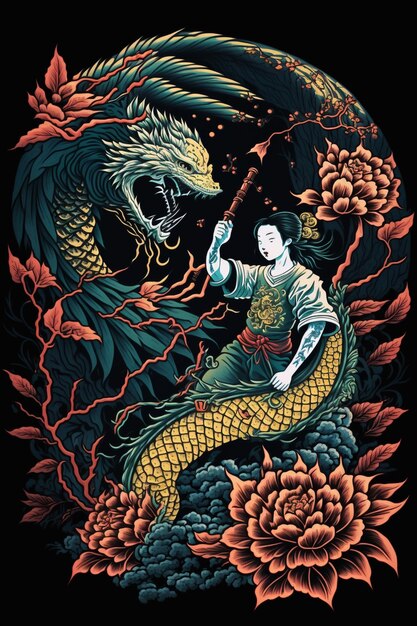 A poster for a japanese dragon and a woman with a dragon on it.