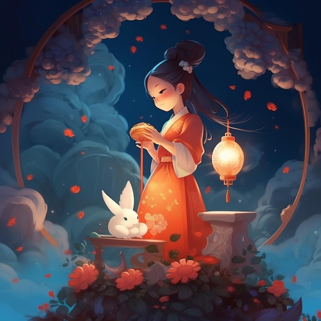 A poster for a japanese girl with a rabbit and a rabbit