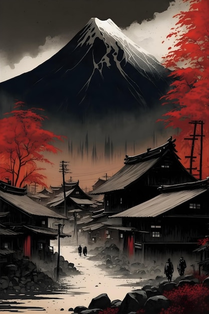 A poster for a japanese mountain scene with a mountain in the background.