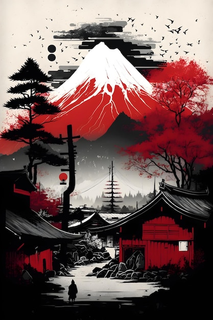 A poster for a japanese mountain scene with a mountain in the background