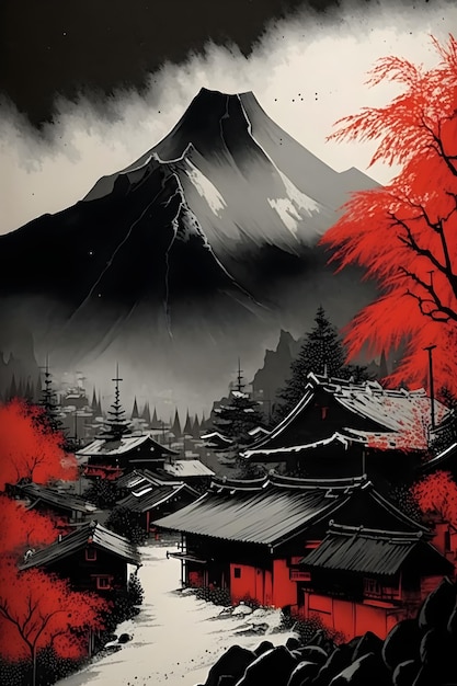 A poster for a japanese mountain scene with a mountain in the background