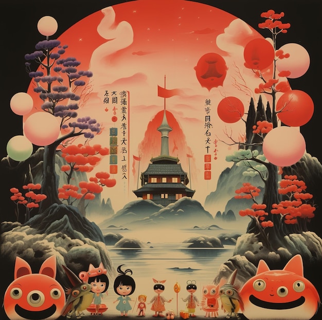 a poster for a japanese scene with two cats and a japanese bridge.