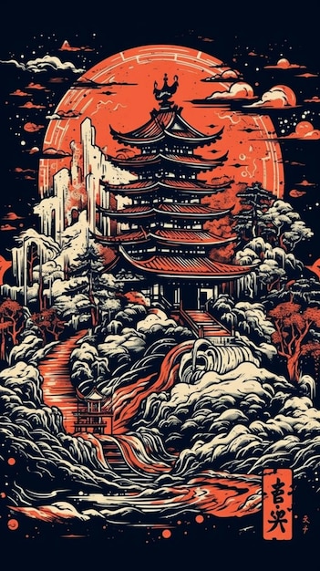 A poster for a japanese temple with a bridge in the middle.