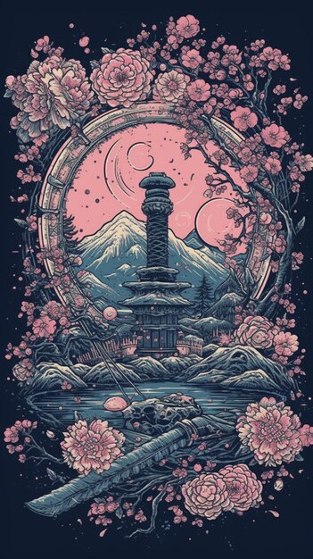 A poster for a japanese temple with a tower in the middle.