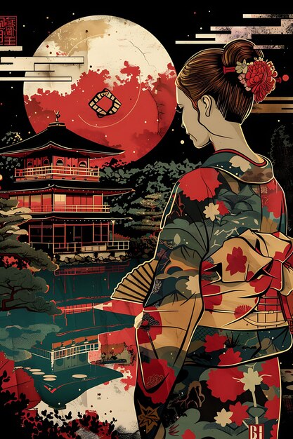 a poster for a japanese woman with a kimono on it