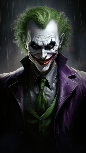 a poster of a joker with a green tie and a tie