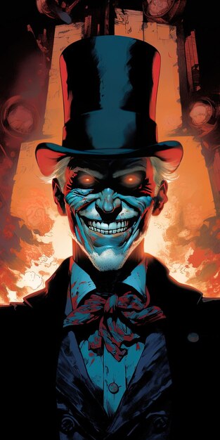 Photo a poster of a joker with a red eyes and a black top hat