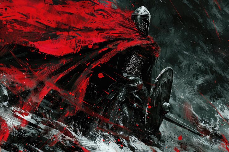 Photo a poster for a knight in a red suit with a red background