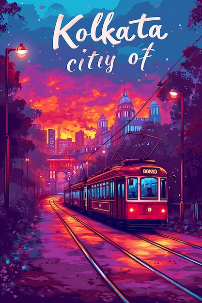 Poster of kolkata text and slogan the city of joy with a landscape of illustration layout design