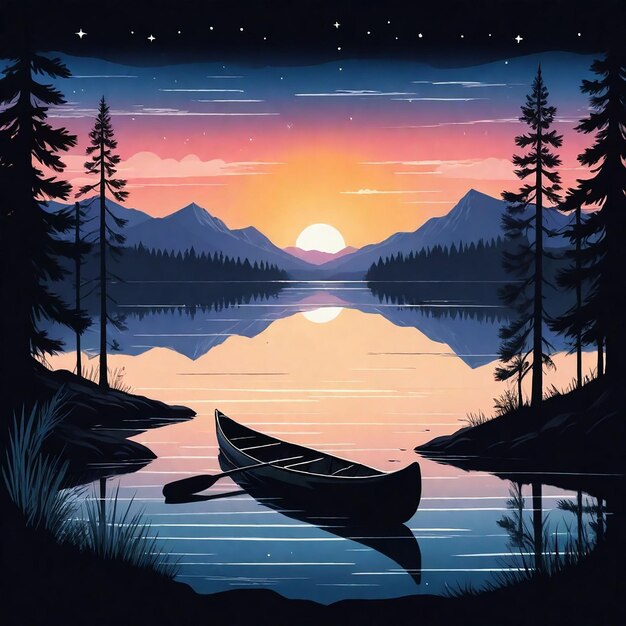 a poster for a lake with a canoe and a sunset