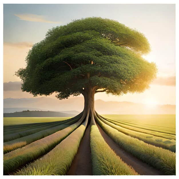 Foto un poster per una fattoria di lavanda con un albero al centro