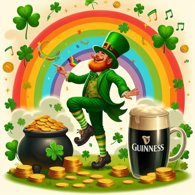 a poster of a leprechaun with a rainbow and a pot of gold coins