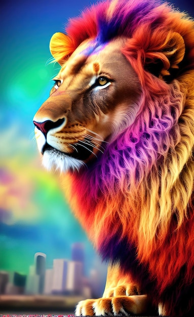 カラフルな背景のライオンのポスター