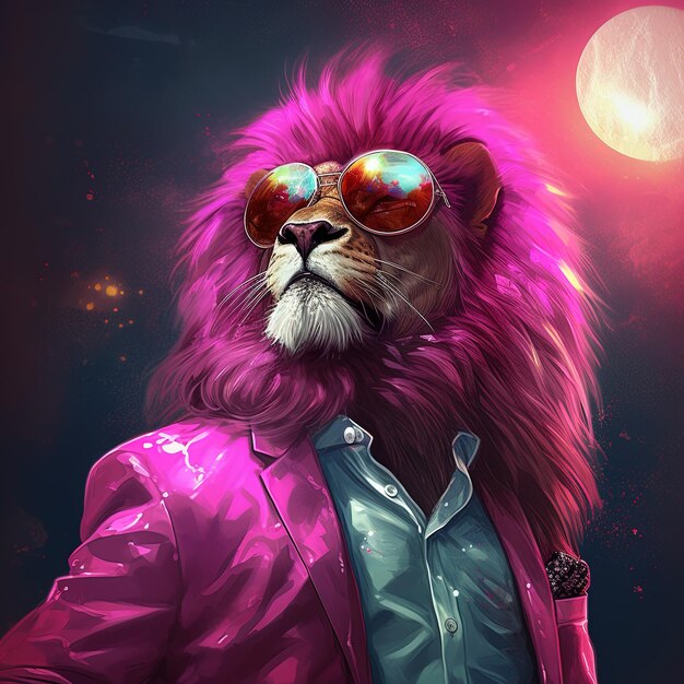 a poster for a lion with a purple jacket and sunglasses