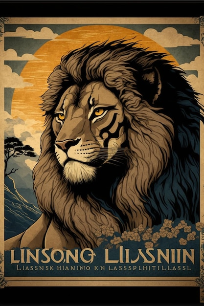 Poster of a lion with a sunset in the background generative ai