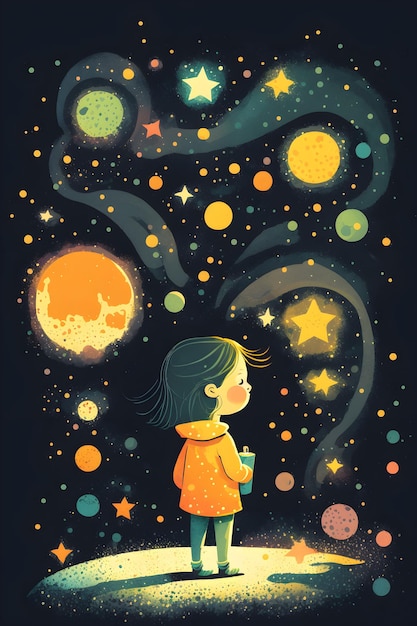 A poster for the little girl who is looking at the stars and the moon.